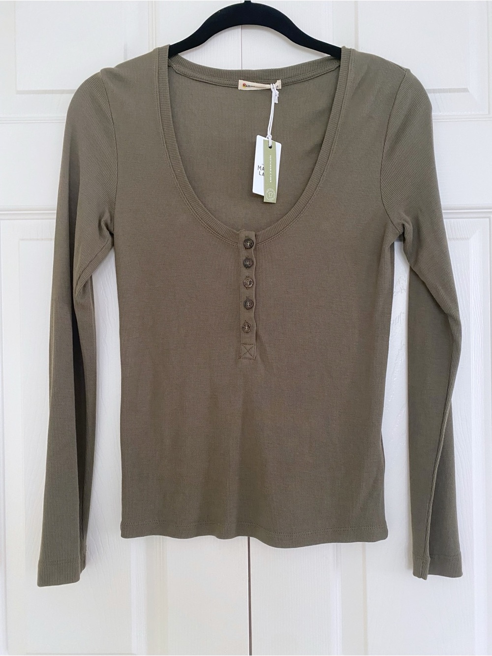 New Marine Layer Lexi Ribbed Henley Tee Olive Green Long Sleeve Top Small